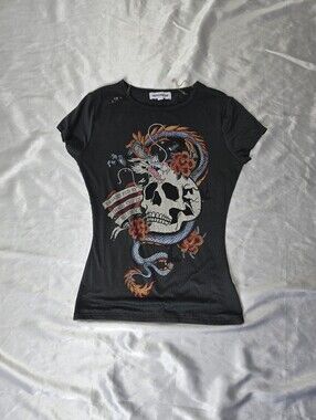 Y2k  Urban Weekend Skull & Dragon Graphic Tee Dark Grey Y2K Tattoo Style